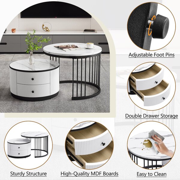 High Gloss Nesting Coffee Table with Marble Pattern Top, Storage Drawers, Modern Round Side Tables for Living Room, Bedroom, White+Black Aosom.UK