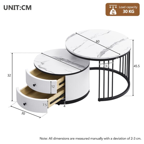 High Gloss Nesting Coffee Table with Marble Pattern Top, Storage Drawers, Modern Round Side Tables for Living Room, Bedroom, White+Black Aosom.UK