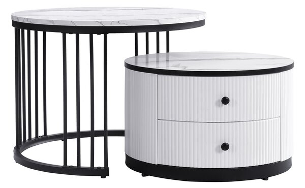 High Gloss Nesting Coffee Table with Marble Pattern Top, Storage Drawers, Modern Round Side Tables for Living Room, Bedroom, White+Black Aosom.UK