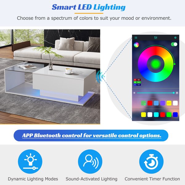 Modern LED Coffee Table with High Gloss Finish, Glass Top and Drawer, Oblong Coffee Table for Living Room, 100L x 50W x 32H cm, White Aosom.UK