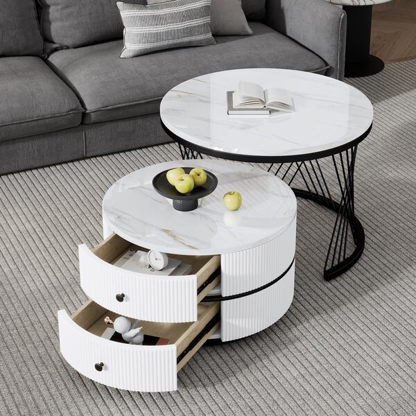 2 Piece Versatile High Gloss Nesting Table coffee with Marble-Effect Top, Modern Coffee Table with 2 Drawers for Living Room, White+Black Aosom.UK