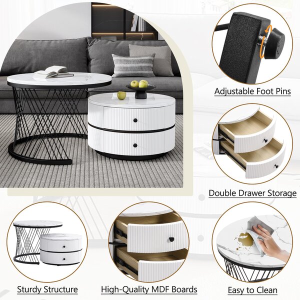 2 Piece Versatile High Gloss Nesting Table coffee with Marble-Effect Top, Modern Coffee Table with 2 Drawers for Living Room, White+Black Aosom.UK