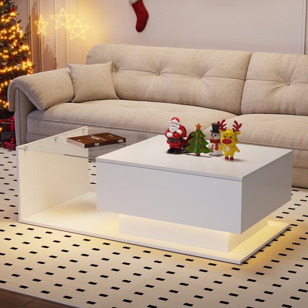 Modern LED Coffee Table with High Gloss Finish, Glass Top and Drawer, Oblong Coffee Table for Living Room, 100L x 50W x 32H cm, White Aosom.UK