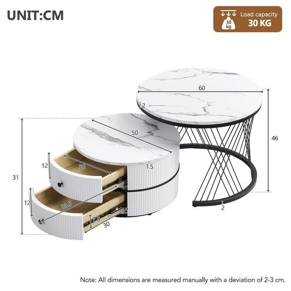 2 Piece Versatile High Gloss Nesting Table coffee with Marble-Effect Top, Modern Coffee Table with 2 Drawers for Living Room, White+Black Aosom.UK