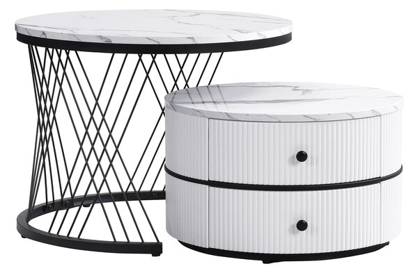 2 Piece Versatile High Gloss Nesting Table coffee with Marble-Effect Top, Modern Coffee Table with 2 Drawers for Living Room, White+Black Aosom.UK