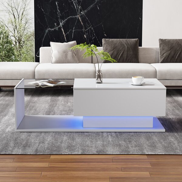 Modern LED Coffee Table with High Gloss Finish, Glass Top and Drawer, Oblong Coffee Table for Living Room, 100L x 50W x 32H cm, White Aosom.UK