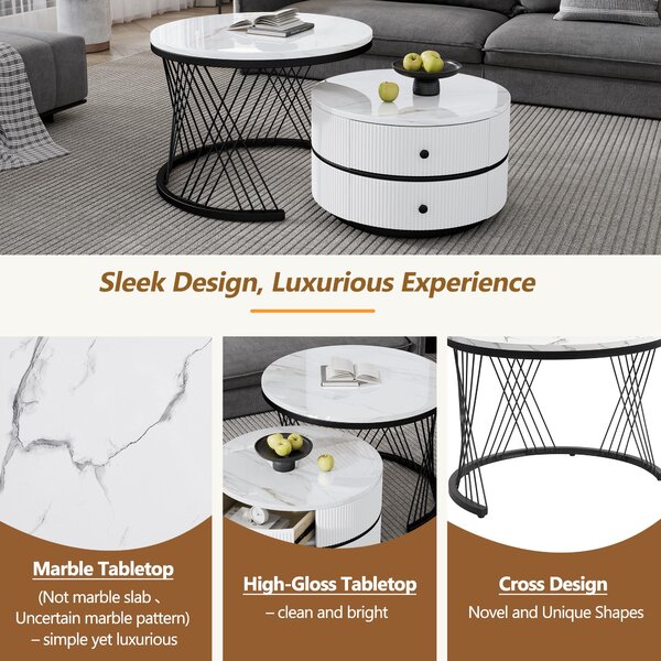 2 Piece Versatile High Gloss Nesting Table coffee with Marble-Effect Top, Modern Coffee Table with 2 Drawers for Living Room, White+Black Aosom.UK