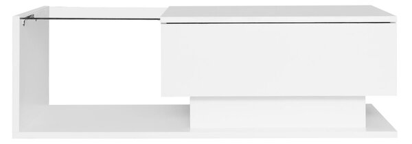 Modern LED Coffee Table with High Gloss Finish, Glass Top and Drawer, Oblong Coffee Table for Living Room, 100L x 50W x 32H cm, White Aosom.UK