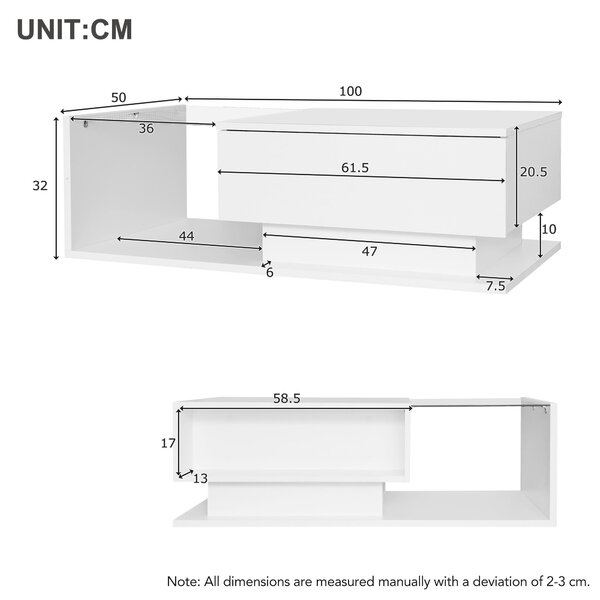 Modern LED Coffee Table with High Gloss Finish, Glass Top and Drawer, Oblong Coffee Table for Living Room, 100L x 50W x 32H cm, White Aosom.UK