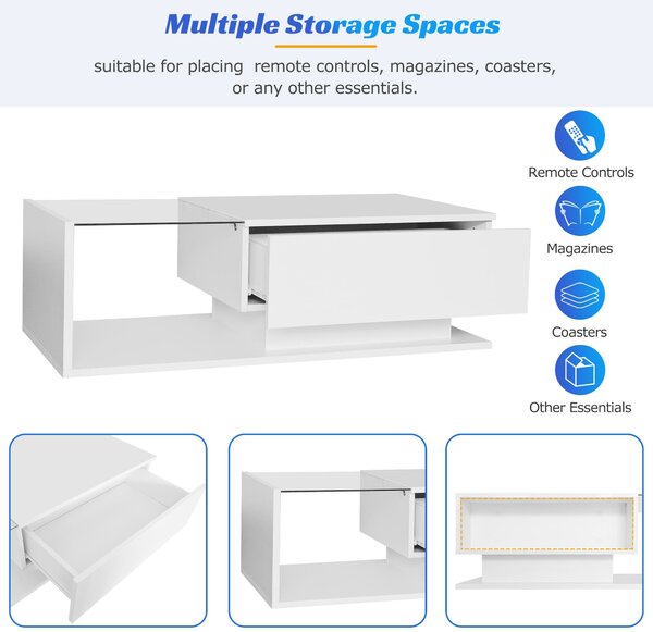 Modern LED Coffee Table with High Gloss Finish, Glass Top and Drawer, Oblong Coffee Table for Living Room, 100L x 50W x 32H cm, White Aosom.UK