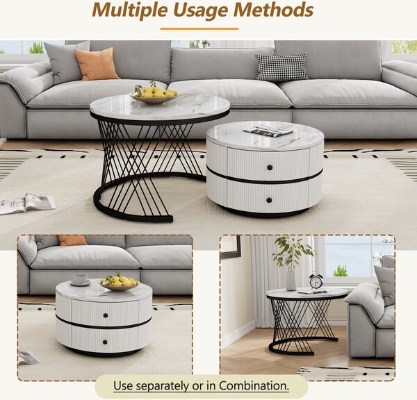 2 Piece Versatile High Gloss Nesting Table coffee with Marble-Effect Top, Modern Coffee Table with 2 Drawers for Living Room, White+Black Aosom.UK