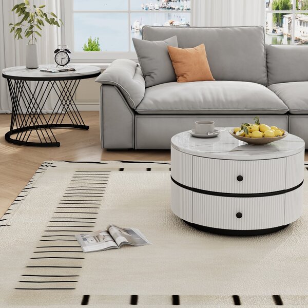 2 Piece Versatile High Gloss Nesting Table coffee with Marble-Effect Top, Modern Coffee Table with 2 Drawers for Living Room, White+Black Aosom.UK