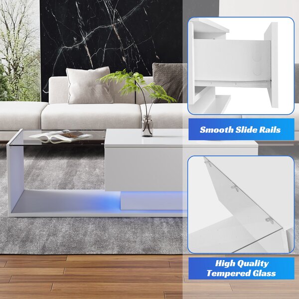 Modern LED Coffee Table with High Gloss Finish, Glass Top and Drawer, Oblong Coffee Table for Living Room, 100L x 50W x 32H cm, White Aosom.UK