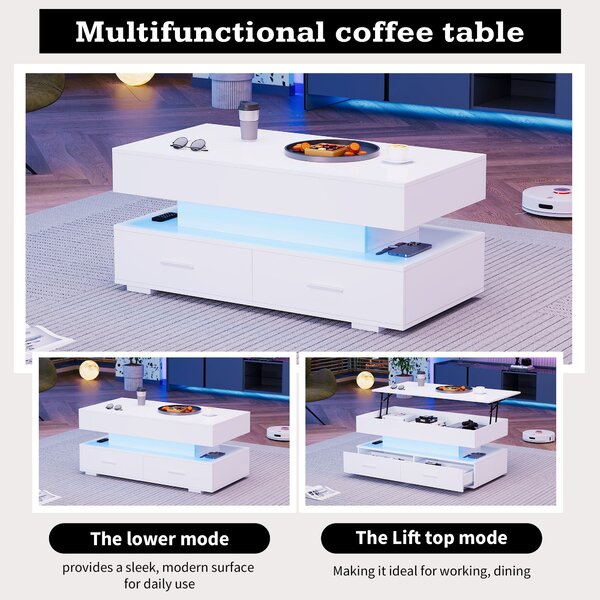 Hydraulic Lift Top Coffee Table with LED Lighting, 2 Drawers and Storage, Oblong Coffee Table for Living Room, 100L x 50W x 44H cm, White Aosom.UK