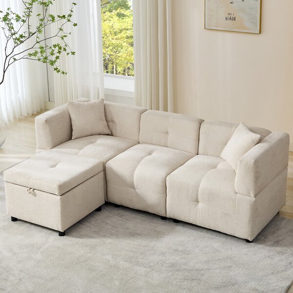 L-Shaped Sectional Sofa with Removable Storage Ottoman and 2 Pillows, Fabric Upholstery Sofa for Living Room, 204L x 68W x 69H cm, Beige Aosom.UK