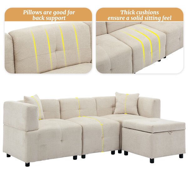 L-Shaped Sectional Sofa with Removable Storage Ottoman and 2 Pillows, Fabric Upholstery Sofa for Living Room, 204L x 68W x 69H cm, Beige Aosom.UK