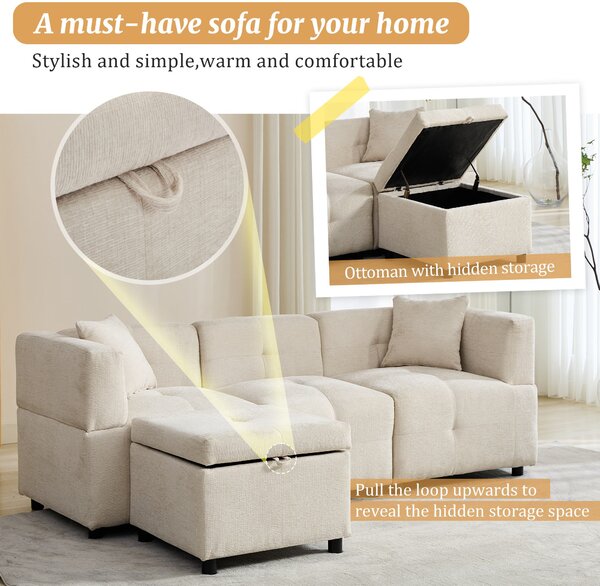 L-Shaped Sectional Sofa with Removable Storage Ottoman and 2 Pillows, Fabric Upholstery Sofa for Living Room, 204L x 68W x 69H cm, Beige Aosom.UK