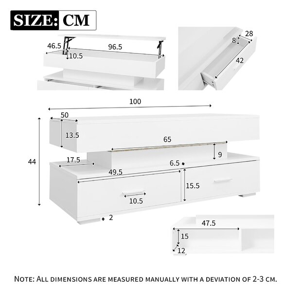 Hydraulic Lift Top Coffee Table with LED Lighting, 2 Drawers and Storage, Oblong Coffee Table for Living Room, 100L x 50W x 44H cm, White Aosom.UK