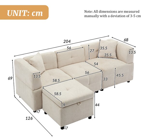 L-Shaped Sectional Sofa with Removable Storage Ottoman and 2 Pillows, Fabric Upholstery Sofa for Living Room, 204L x 68W x 69H cm, Beige Aosom.UK