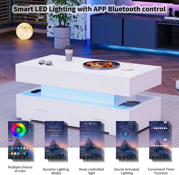 Hydraulic Lift Top Coffee Table with LED Lighting, 2 Drawers and Storage, Oblong Coffee Table for Living Room, 100L x 50W x 44H cm, White Aosom.UK