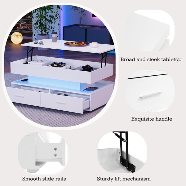 Hydraulic Lift Top Coffee Table with LED Lighting, 2 Drawers and Storage, Oblong Coffee Table for Living Room, 100L x 50W x 44H cm, White Aosom.UK