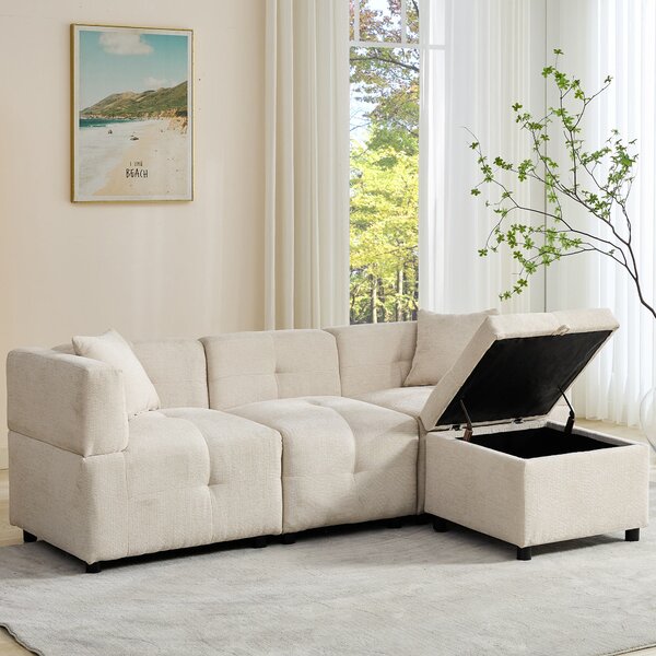 L-Shaped Sectional Sofa with Removable Storage Ottoman and 2 Pillows, Fabric Upholstery Sofa for Living Room, 204L x 68W x 69H cm, Beige Aosom.UK