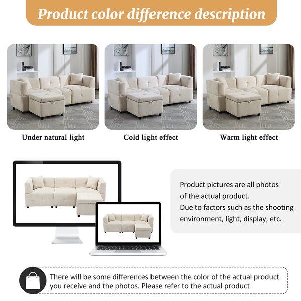 L-Shaped Sectional Sofa with Removable Storage Ottoman and 2 Pillows, Fabric Upholstery Sofa for Living Room, 204L x 68W x 69H cm, Beige Aosom.UK