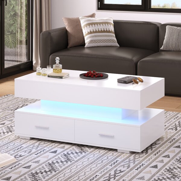 Hydraulic Lift Top Coffee Table with LED Lighting, 2 Drawers and Storage, Oblong Coffee Table for Living Room, 100L x 50W x 44H cm, White Aosom.UK