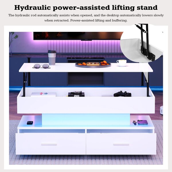 Hydraulic Lift Top Coffee Table with LED Lighting, 2 Drawers and Storage, Oblong Coffee Table for Living Room, 100L x 50W x 44H cm, White Aosom.UK