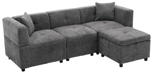 L-Shaped Sectional Sofa with Removable Storage Ottoman and 2 Pillows, Fabric Upholstery Sofa for Living Room, 204L x 68W x 69H cm, Grey Aosom.UK