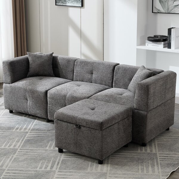 L-Shaped Sectional Sofa with Removable Storage Ottoman and 2 Pillows, Fabric Upholstery Sofa for Living Room, 204L x 68W x 69H cm, Grey Aosom.UK