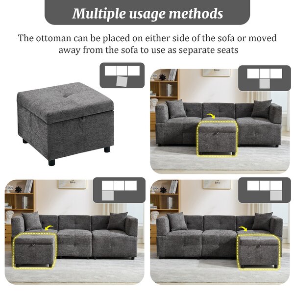 L-Shaped Sectional Sofa with Removable Storage Ottoman and 2 Pillows, Fabric Upholstery Sofa for Living Room, 204L x 68W x 69H cm, Grey Aosom.UK