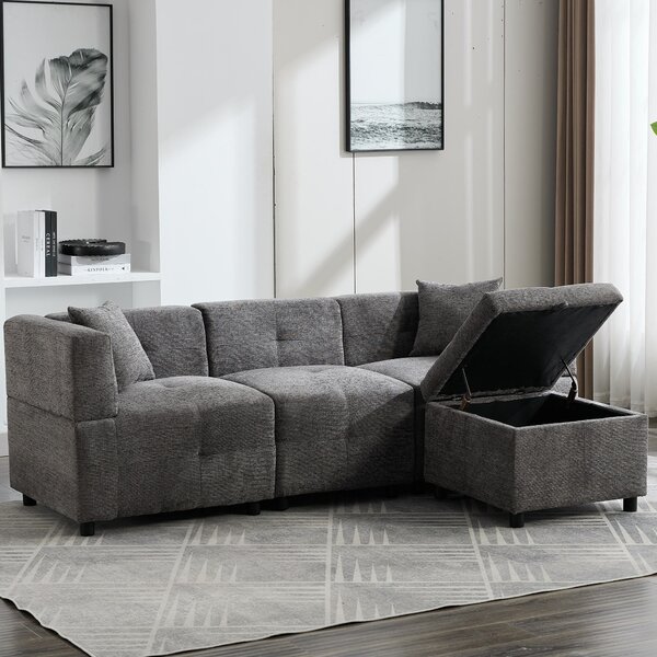 L-Shaped Sectional Sofa with Removable Storage Ottoman and 2 Pillows, Fabric Upholstery Sofa for Living Room, 204L x 68W x 69H cm, Grey Aosom.UK
