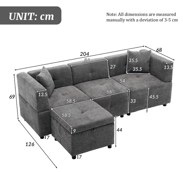 L-Shaped Sectional Sofa with Removable Storage Ottoman and 2 Pillows, Fabric Upholstery Sofa for Living Room, 204L x 68W x 69H cm, Grey Aosom.UK
