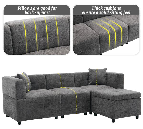 L-Shaped Sectional Sofa with Removable Storage Ottoman and 2 Pillows, Fabric Upholstery Sofa for Living Room, 204L x 68W x 69H cm, Grey Aosom.UK