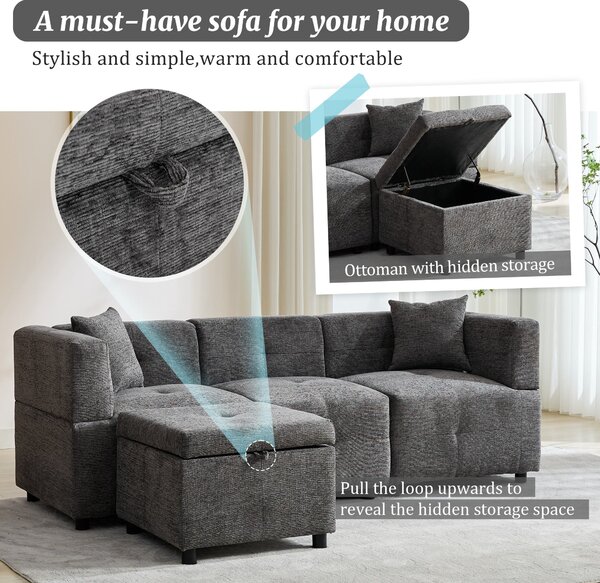 L-Shaped Sectional Sofa with Removable Storage Ottoman and 2 Pillows, Fabric Upholstery Sofa for Living Room, 204L x 68W x 69H cm, Grey Aosom.UK
