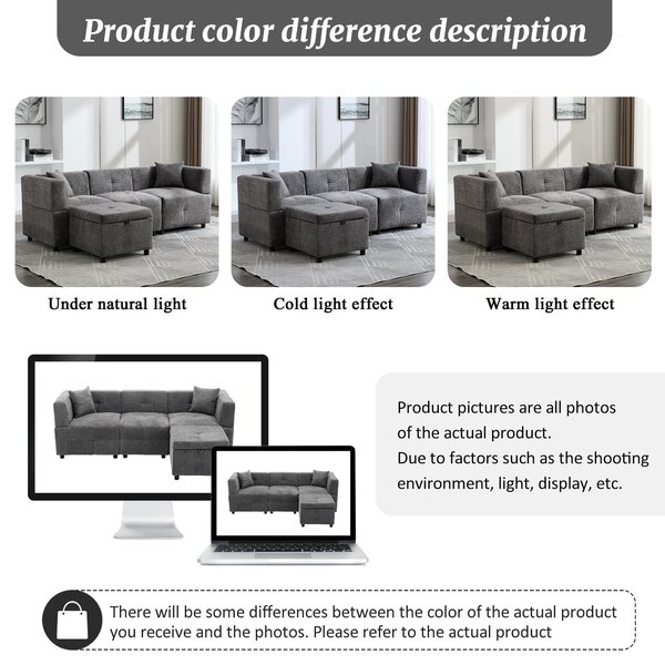 L-Shaped Sectional Sofa with Removable Storage Ottoman and 2 Pillows, Fabric Upholstery Sofa for Living Room, 204L x 68W x 69H cm, Grey Aosom.UK