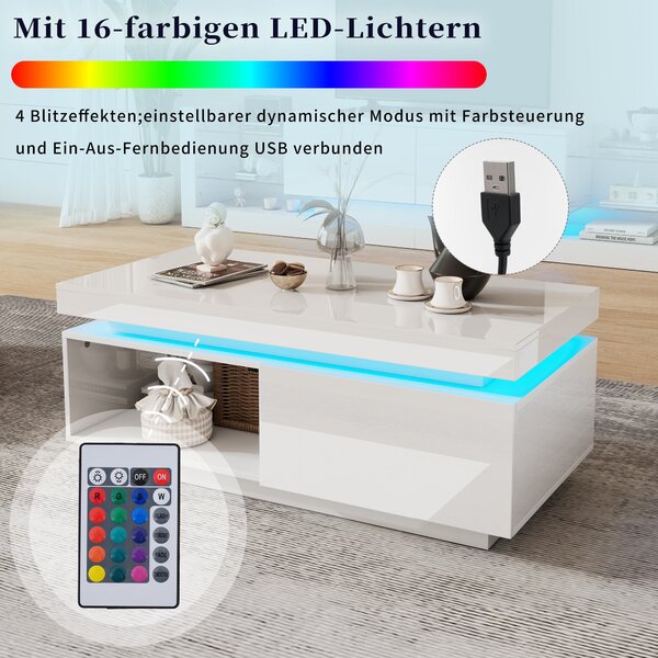 High Gloss LED Sofa Table with Remote-Controlled Lighting, Modern Coffee Table with Drawer, Open Display Shelf, 100L x 50W x 40H cm, White Aosom.UK