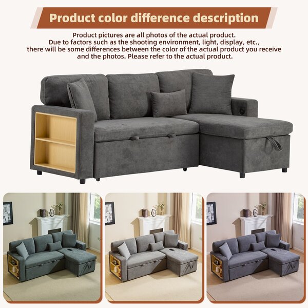L-Shaped Corner Sofa Bed with Extendable Bed Box, Oxford Fabric Daybed with Integrated Shelf and USB Port, 214L x 131W x 87H cm, Dark Gray Aosom UK