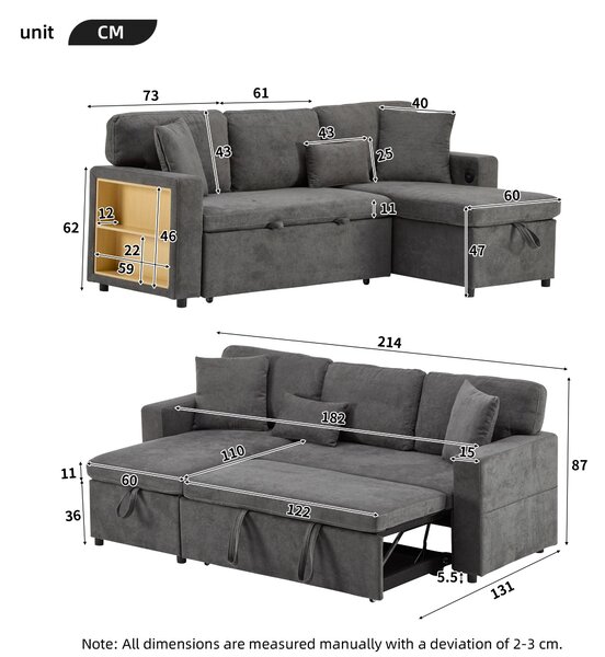 L-Shaped Corner Sofa Bed with Extendable Bed Box, Oxford Fabric Daybed with Integrated Shelf and USB Port, 214L x 131W x 87H cm, Dark Gray Aosom UK
