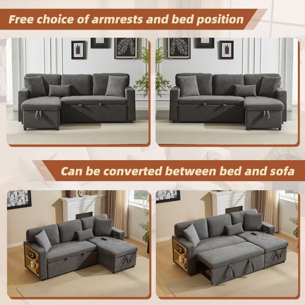 L-Shaped Corner Sofa Bed with Extendable Bed Box, Oxford Fabric Daybed with Integrated Shelf and USB Port, 214L x 131W x 87H cm, Dark Gray Aosom UK