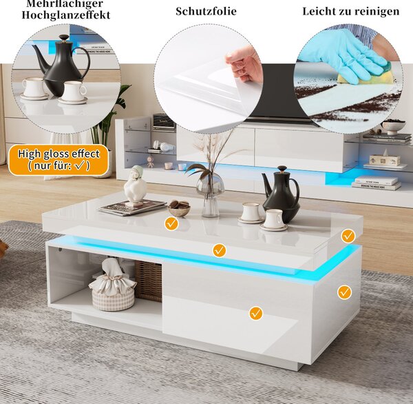 High Gloss LED Sofa Table with Remote-Controlled Lighting, Modern Coffee Table with Drawer, Open Display Shelf, 100L x 50W x 40H cm, White Aosom.UK