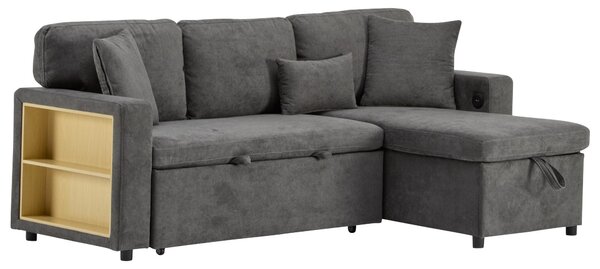 L-Shaped Corner Sofa Bed with Extendable Bed Box, Oxford Fabric Daybed with Integrated Shelf and USB Port, 214L x 131W x 87H cm, Dark Gray Aosom UK