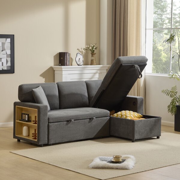 L-Shaped Corner Sofa Bed with Extendable Bed Box, Oxford Fabric Daybed with Integrated Shelf and USB Port, 214L x 131W x 87H cm, Dark Gray Aosom UK