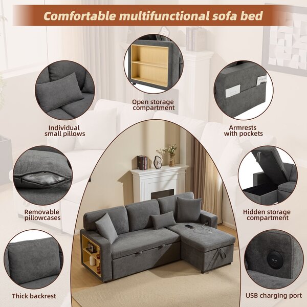L-Shaped Corner Sofa Bed with Extendable Bed Box, Oxford Fabric Daybed with Integrated Shelf and USB Port, 214L x 131W x 87H cm, Dark Gray Aosom UK
