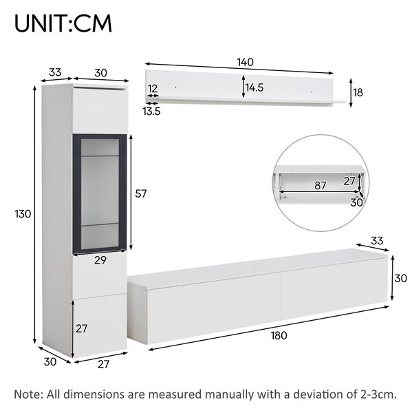 High Gloss TV Wall Unit Set with Customisable LED Lighting, Handleless Design, Entertainment Center Set with Cabinet, Hanging Shelf, White Aosom UK