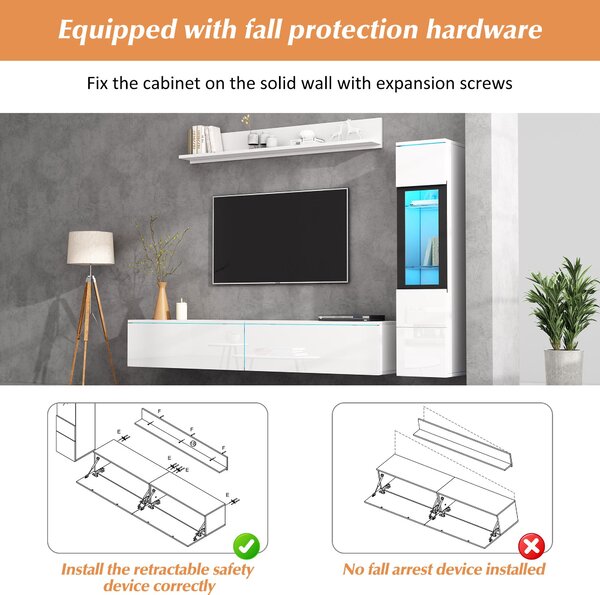 High Gloss TV Wall Unit Set with Customisable LED Lighting, Handleless Design, Entertainment Center Set with Cabinet, Hanging Shelf, White Aosom UK