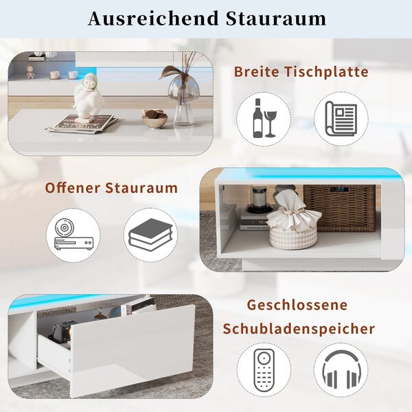 High Gloss LED Sofa Table with Remote-Controlled Lighting, Modern Coffee Table with Drawer, Open Display Shelf, 100L x 50W x 40H cm, White Aosom.UK