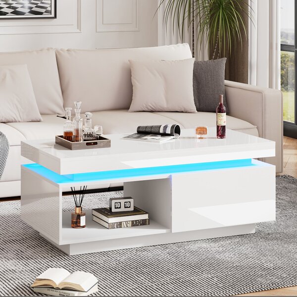 High Gloss LED Sofa Table with Remote-Controlled Lighting, Modern Coffee Table with Drawer, Open Display Shelf, 100L x 50W x 40H cm, White Aosom.UK