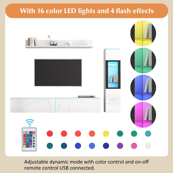 High Gloss TV Wall Unit Set with Customisable LED Lighting, Handleless Design, Entertainment Center Set with Cabinet, Hanging Shelf, White Aosom UK